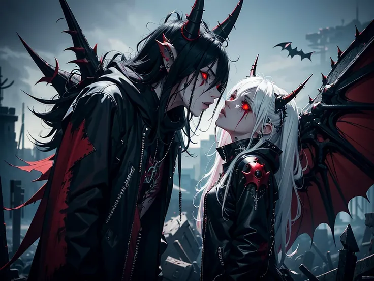 1girl, spiky messy wild white long hair, demon, red eyes, blood tears, ear piercings, face piercings, blood, tattoos, bats, mechanical arms, wearing black robot suit, wearing black fur cloak, mechanical wings, mechanical horns, graveyard, night, high res, ...