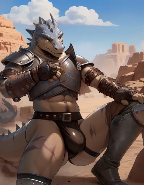 Solo Sexy young anthro acaliereptile dragon male mercenary medieval solider, slim slim muscular, anthro handsome gay shorter muzzle, handsome gay model male apperance, sword scars, worn out leather skimpy armament, low on hips heavy leather belt, old very ...