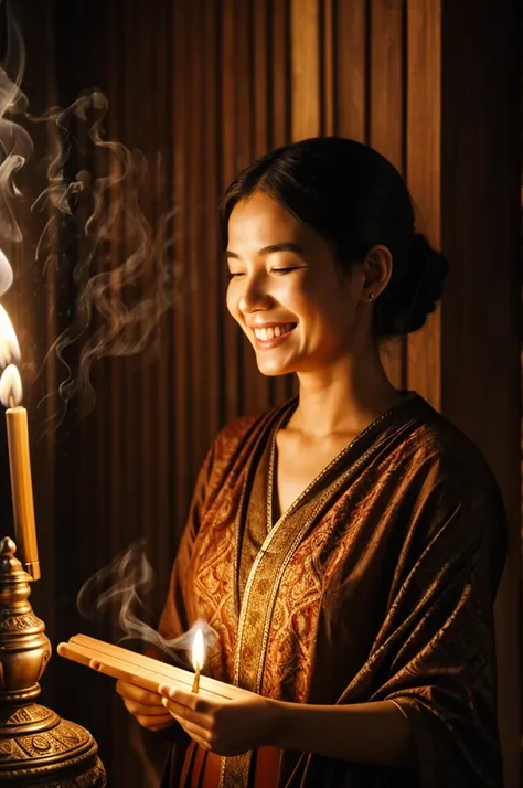 Smiling woman surrounded by incense and incense 