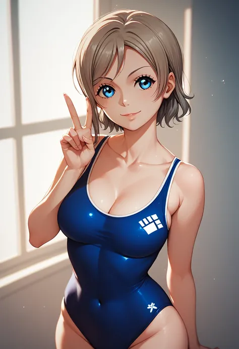 (masterpiece), 8k wallpaper, alone, Issei Watanabe, Are standing, School corridor, Side bust,One piece swimsuit, V-neck, Low cut at hips, blue eyes, Beautiful and graceful face and eyes, Browsing Caution:1.9