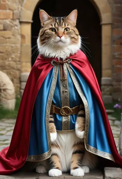 (best quality, 4K , 8k , A high resolution written) ultra detail,  medieval fantasy background, (Realistic, photo realistic, photo-realistic:1.37), cat, wearing cape, (written "OCKSYI" in the cape) written OCKSYI on his robe