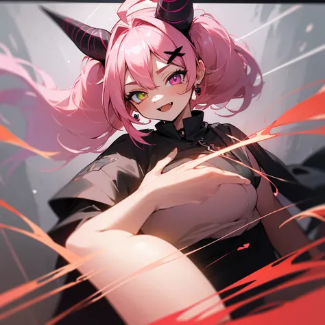 (((Masterpiece, highest quality, high definition, high detail)))), 1girl, futuristic, Solo, Twintails, Pink Hair, Shiny Hair, Gradiant hair, Wavy Hair, Messy Hair, Huge Ahoge, Heart Ahoge, Expressive Hair, Heart Earrings, black clothing with pink highlight...