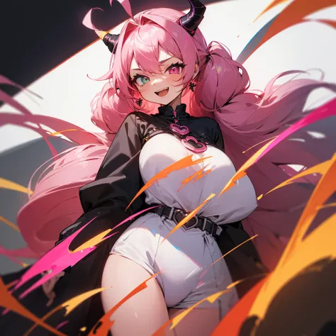 (((Masterpiece, highest quality, high definition, high detail)))), 1girl, futuristic, Solo, Twintails, Pink Hair, Shiny Hair, Gradiant hair, Wavy Hair, Messy Hair, Huge Ahoge, Heart Ahoge, Expressive Hair, Heart Earrings, black clothing with pink highlight...