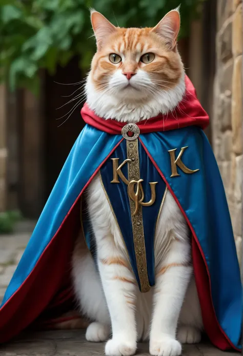 (best quality, 4K , 8k , A high resolution written) ultra detail, medieval fantasy background, (Realistic, photo realistic, photo-realistic:1.37), cat, wearing cape, (written "OCKSYI" in the cape) written OCKSYI on his robe