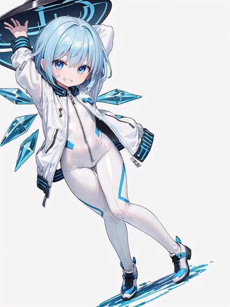 (((high quality))),(((masterpiece))),(((highly detailed))),((illustration style)),(((one girl)))(((cirno))), (touhou),(((short hair,blue hair))),ice wings,(((blue eyes))),(((bangs))),(((white leather jacket))),(((blue full bodysuit))),((latex)), (shiny clo...