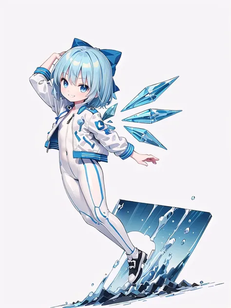 (((high quality))),(((masterpiece))),(((highly detailed))),((illustration style)),(((one girl)))(((cirno))), (touhou),(((short hair,blue hair))),ice wings,(((blue eyes))),(((bangs))),(((white leather jacket))),(((blue full bodysuit))),((latex)), (shiny clo...