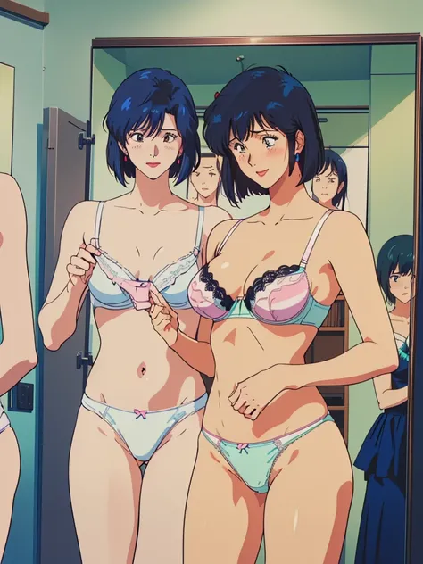 masterpiece, top quality, ultra detailed, (((((NOGAMI_SAEKO, bob cut)BREAK(SUMERAGI_AIKA), best anatomy, in underwear, (panties, elaborately designed luxury panties for adults, panties high definition images, draw panties with super precision), lace trimme...