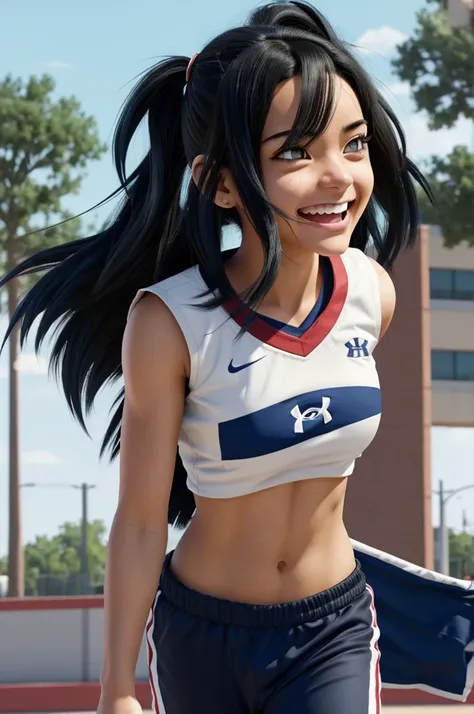 Screenshot of my hero academia, girl with semi long black hair blue hair tips, has brown eyes, light semi-brown skin color, has a happy expression. He wears a UA sports uniform, and in the background the sports area of the UA, (Con bakugou)