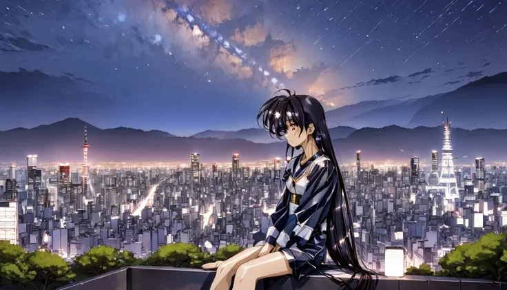 octans, sky, star (sky), scenery, starry sky, night, 1girl, night sky, solo, outdoors, building, cloud,  sitting, tree, long hair, city, silhouette, cityscape,City from a distance, tokyo, city billboard, 1 milky way in the sky,20歳セクシーな女の子
