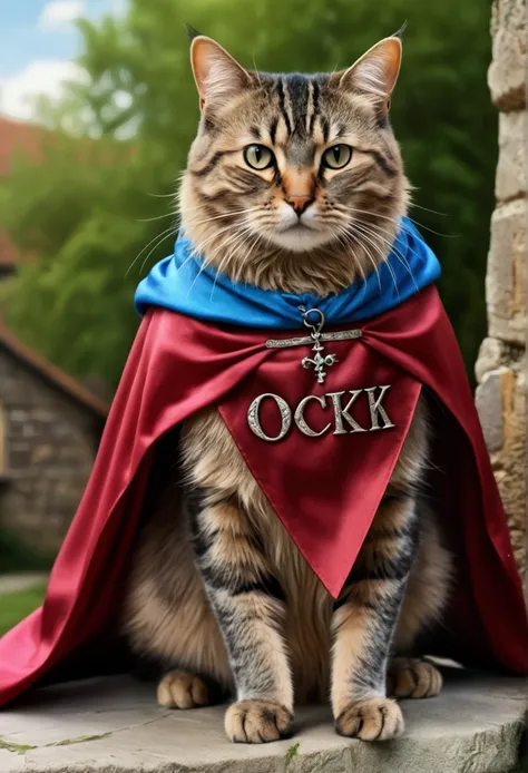 (best quality, 4K , 8k , A high resolution written) ultra detail, medieval fantasy background, (Realistic, photo realistic, photo-realistic:1.37), cat, wearing cape, (written "OCKSYI" in the cape) written OCKSYI on his robe