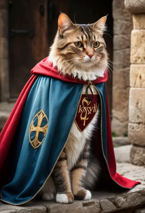 (best quality, 4K , 8k , A high resolution written) ultra detail, medieval fantasy background, (Realistic, photo realistic, photo-realistic:1.37), cat, wearing cape, (written "OCKSYI" in the cape) written OCKSYI on his robe