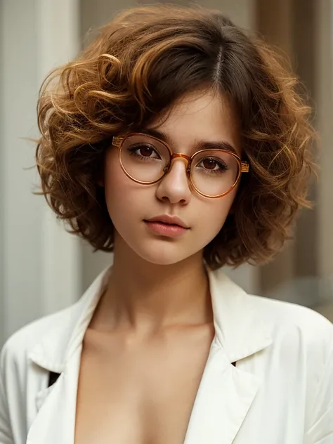 (masterpiece, Best quality:1.2), 1 young charming tomboy girl, 16 years, One, Russian chubby brown-eyed girl in glasses with aesthetic small breasts and beautiful erect nipples, Beautiful realistic eyes, round face, round cheeks, small round chin, wide che...