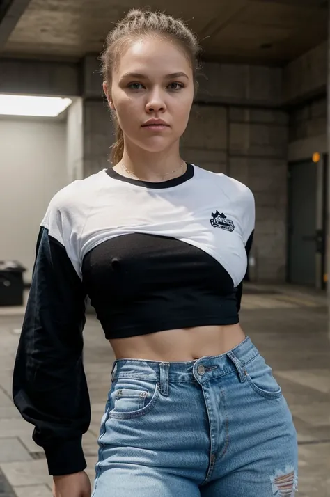 Ronda Rousey, black jaquet, white t-shirt, blue jeans.