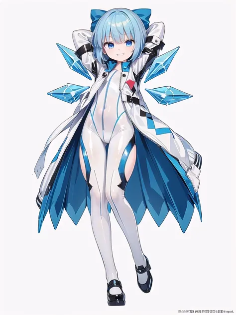 (((high quality))),(((masterpiece))),(((highly detailed))),((illustration style)),(((one girl)))(((cirno))), (touhou),(((short hair,blue hair))),ice wings,(((blue eyes))),(((bangs))),(((white leather jacket))),(((blue full bodysuit))),((latex)), (shiny clo...