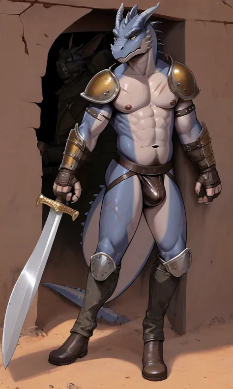 Solo Sexy young anthro acaliereptile dragon male mercenary medieval solider, slim slim muscular, anthro handsome gay shorter muzzle, handsome gay model male apperance, sword scars, worn out leather skimpy armament, low on hips heavy leather belt, old very ...