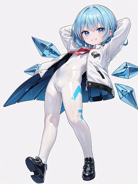 (((high quality))),(((masterpiece))),(((highly detailed))),((illustration style)),(((one girl)))(((cirno))), (touhou),(((short hair,blue hair))),ice wings,(((blue eyes))),(((bangs))),(((white leather jacket))),(((blue full bodysuit))),((latex)), (shiny clo...