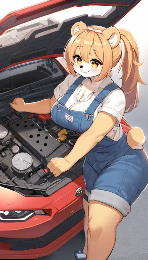 anime costume kemono style, a cute kemono bear, wearing a mechanics overalls, baggy, thicc body, big breast, smile, repairing a car