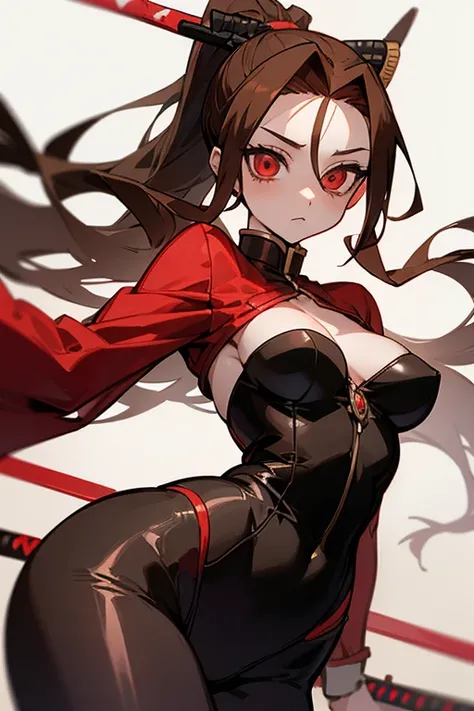 Latest type of Kimetsu no Yaiba, create a female character with light brown hair, Red eyes, White skin, parts, medium body with curves and has a beautiful demon hunter suit that makes her look curvy and with a totally red and black katana,