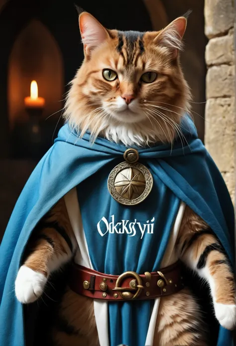 (best quality, 4K , 8k , A high resolution written) ultra detail, medieval fantasy background, (Realistic, photo realistic, photo-realistic:1.37), warrior, cat, wearing cape, (written "OCKSYI" in the cape) written OCKSYI on his robe