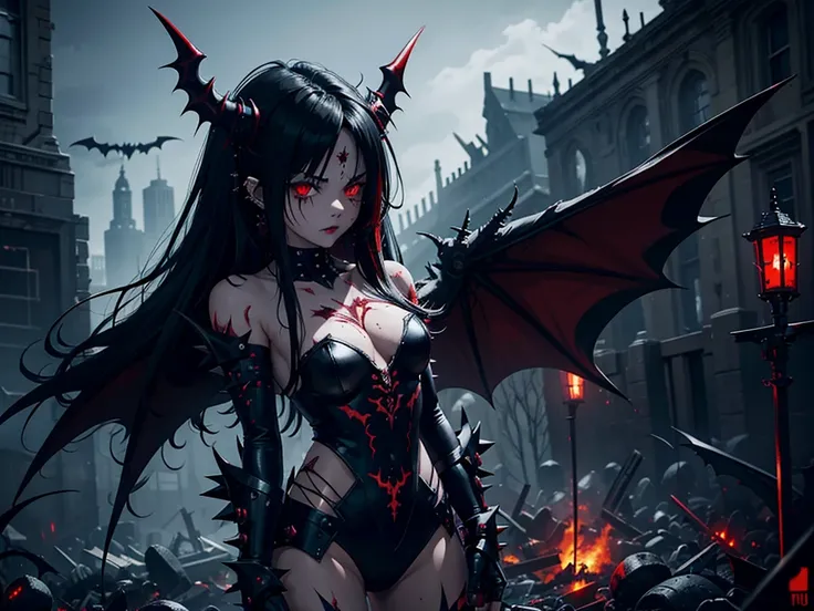 demon girl, spiky messy black long hair, demon, red eyes, blood tears, ear piercings, face piercings, blood, tattoos, bats, mechanical arms, wearing black robot suit, wearing black fur cloak, mechanical wings, mechanical horns, graveyard, night, high res, ...