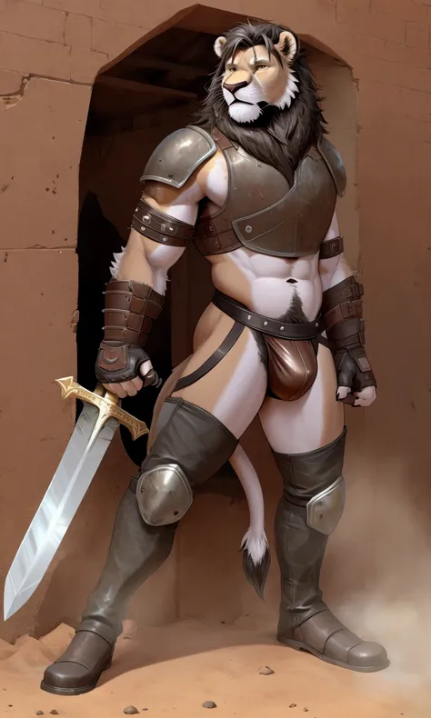 Solo Sexy young anthro furry lion male mercenary medieval solider, slim slim muscular, anthro handsome gay shorter muzzle, handsome gay model male apperance, sword scars, worn out leather skimpy armament, low on hips heavy leather belt, old very worn out s...