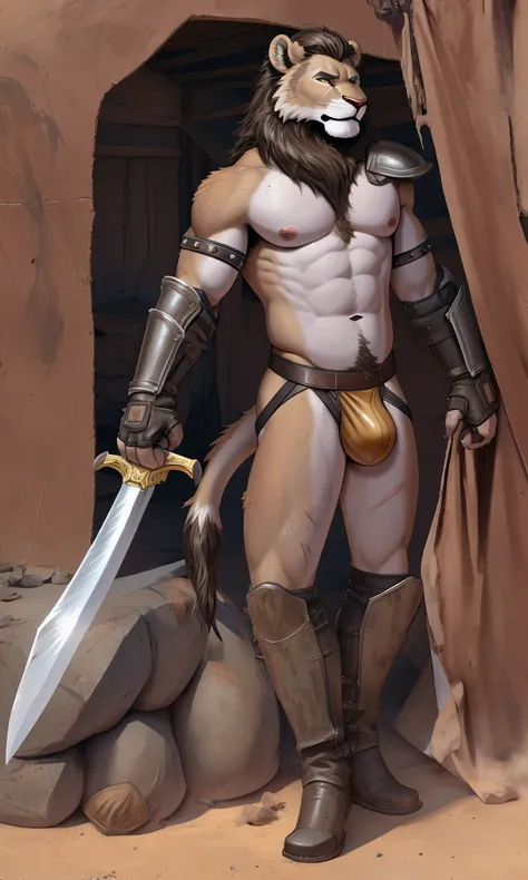 Solo Sexy young anthro furry lion male mercenary medieval solider, slim slim muscular, anthro handsome gay shorter muzzle, handsome gay model male apperance, sword scars, worn out leather skimpy armament, low on hips heavy leather belt, old very worn out s...