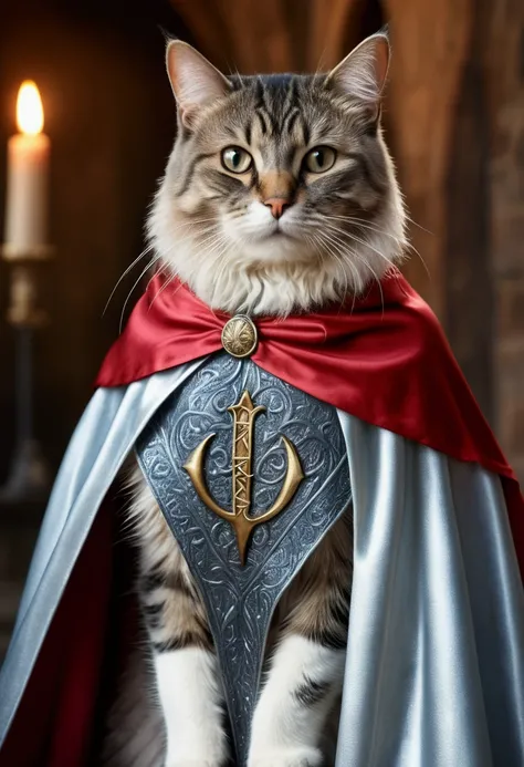 (best quality, 4K , 8k , A high resolution written) ultra detail, medieval fantasy background, (Realistic, photo realistic, photo-realistic:1.37), cat, wearing cape, (written "OCKSYI" in the cape) written OCKSYI on his robe, silver cape