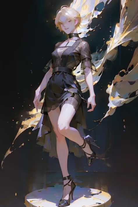 ((full body:1.4)).(rule of thirds:1.4), ((ultra realistic illustration:1.2)),Athletic blonde woman, (short hair), tomboy, cute, ((smile)), sexy, smoky eye, choker, sheer lace black minidress, high heels.Masterpiece, best quality,(highly detailed:1.2),(deta...