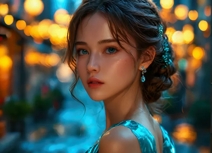 (Best quality, 8K, Masterpiece: 1.3), Clear focus: 1.2, Beauty: 1.4, Abs: 1.1, Brown hair, Aqua dress: 1.4, Night outdoors: 1.1, City streets, fine face and eyes, double eyelids. Realistic lighting added, pay attention to adjust the proportions.