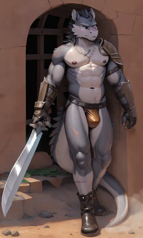 Solo Sexy young anthro acaliereptile dragon male mercenary medieval solider, slim slim muscular, anthro handsome gay shorter muzzle, handsome gay model male apperance, sword scars, worn out leather skimpy armament, low on hips heavy leather belt, old very ...