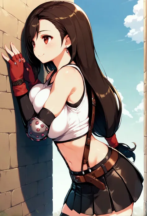 (score_9, score_8_up, score_7_up),,BREAK , ,dynamicangle,,breast side view,wall breast press,,standing,leaning on wall. upperbody,,Solo ,1girl, tifa lockhart, final fantasy, tareme,black hair, low-tied long hair, red eyes, bangs, (white tank top, belt, ple...