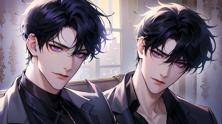 (masterpiece, 8k, high quality, best quality:1.6), 1boy, solo, short hair, black hair, asymmetrical fringe, purple eyes, handsome, sharp eyes, (mature male, mature:1.2), male focus, fashionable, tucked in open purple collared shirt, necklace, indoors, bedr...