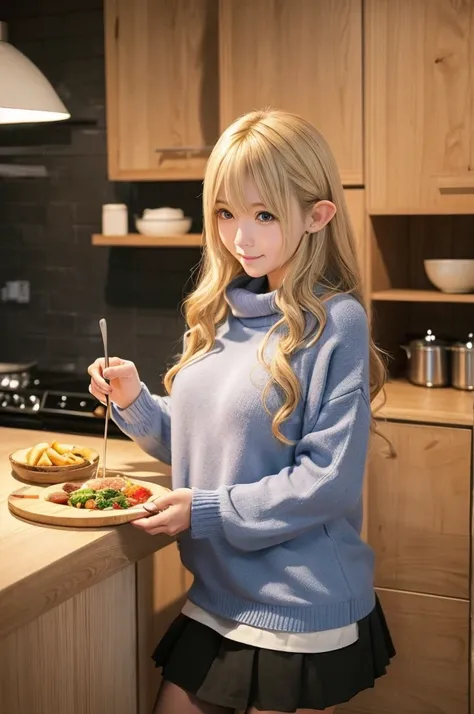 Create an anime-style image of the main character of "Elf-san wa Yasashiku Sarenai" in a cozy Japanese kitchen. The character Elf-san should have long wavy blonde hair, big blue eyes and super pointy elf ears. She has a super fat and curvy body and wears c...