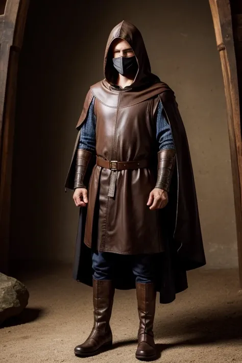 Medieval clothing with a hood and face partially covering the face, with leather boots and low top, image showing the entire outfit 