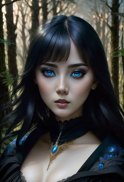 realistic illustration of a girl with black hair, blue eyes, wearing a black outfit, walking through a dark forest, wearing a black cloak in an inverted world, detailed portrait, beautiful detailed eyes, beautiful detailed lips, extremely detailed eyes and...