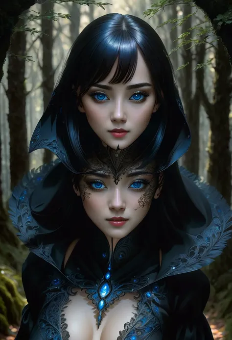 realistic illustration of a girl with black hair, blue eyes, wearing a black outfit, walking through a dark forest, wearing a black cloak in an inverted world, detailed portrait, beautiful detailed eyes, beautiful detailed lips, extremely detailed eyes and...