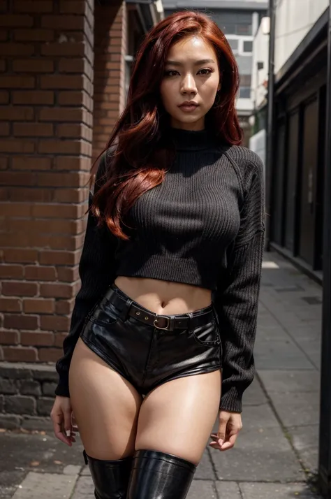 [[((young attractive Asian woman with striking red hair styled in a sleek, long look, medium-light skin, and striking dark brown eyes:1.6)), ((wearing a stylish black outfit featuring a chic, oversized black sweater with buckle details on the sleeves, pair...