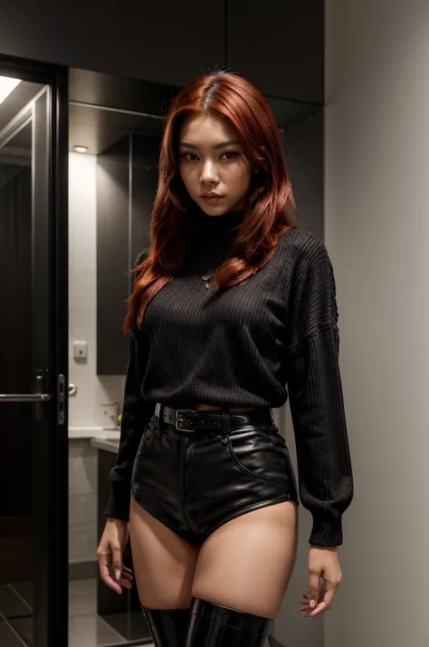 [[((young attractive Asian woman with striking red hair styled in a sleek, long look, medium-light skin, and striking dark brown eyes:1.6)), ((wearing a stylish black outfit featuring a chic, oversized black sweater with buckle details on the sleeves, pair...