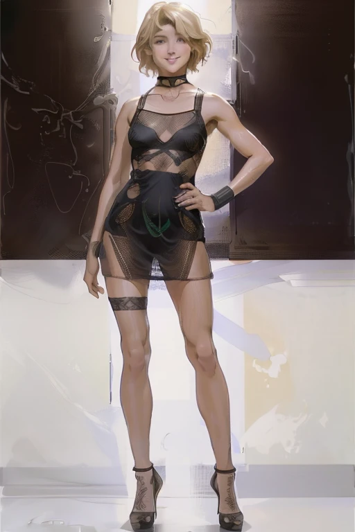 ((full body:1.4)).(rule of thirds:1.4), ((ultra realistic illustration:1.2)),Athletic blonde woman, (short hair), tomboy, cute, ((smile)), sexy, smoky eye, choker, sheer lace black minidress, high heels.Masterpiece, best quality,(highly detailed:1.2),(deta...