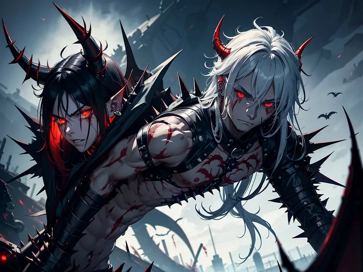 demon, boy, spiky messy white long hair, lean muscle, red eyes, blood tears, ear piercings, face piercings, blood, tattoos, bats, mechanical arms, wearing black robot suit, wearing black fur cloak, mechanical wings, mechanical horns, graveyard, night, high...