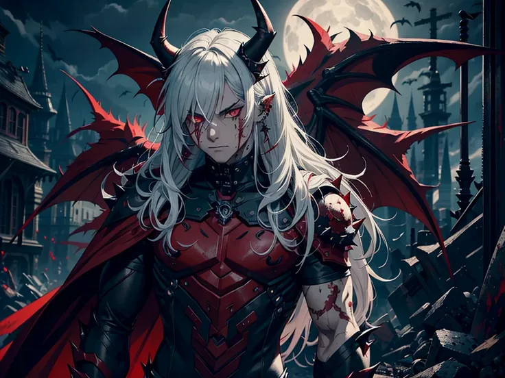 demon, boy, spiky messy white long hair, lean muscle, red eyes, blood tears, ear piercings, face piercings, blood, tattoos, bats, mechanical arms, wearing black robot suit, wearing black fur cloak, mechanical wings, mechanical horns, graveyard, night, high...