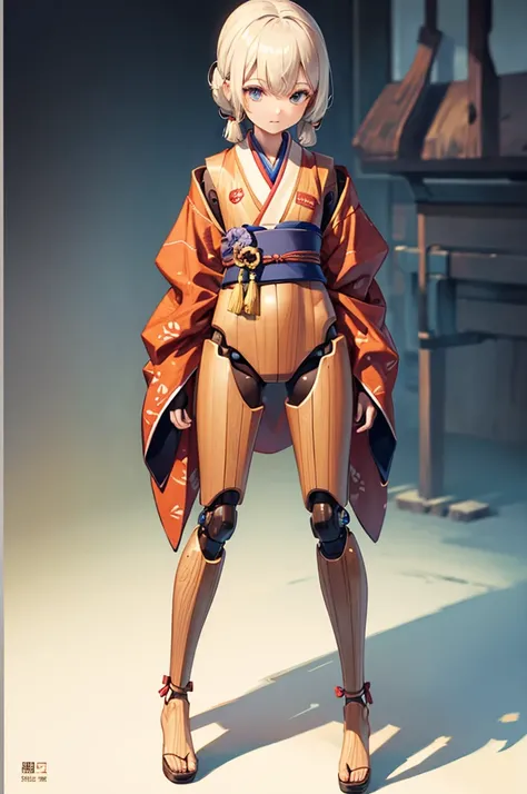 Wooden Humanoid Robot,Wood grain body,child女に似せて作られた,wear the kimono,child,児,Illustrated