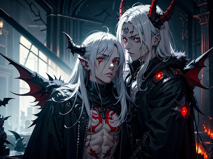 demon, boy, spiky messy white long hair, lean muscle, red eyes, blood tears, ear piercings, face piercings, blood, tattoos, bats, mechanical arms, wearing black robot suit, wearing black fur cloak, mechanical wings, mechanical horns, graveyard, night, high...