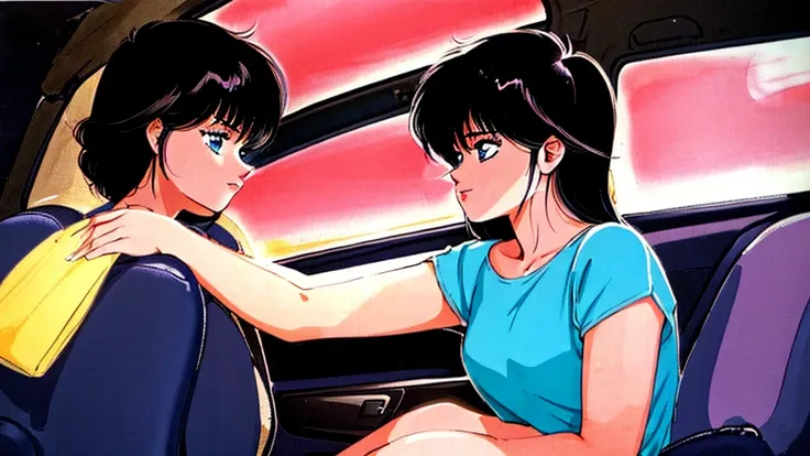 One beautiful energetic woman、Black Hair、sitting in the passenger seat of a car、８０Retro anime style of the 1980s、Vivid colors、Image of a woman from inside a car、Happy profile、