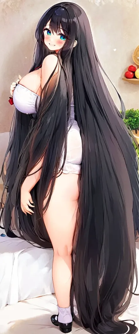 cute girl, super long hair, black hair, big hair, thick hair, big breasts, big butt, hourglass body, emphasis on hair, emphasis on eyes, emphasis on face, blush, smile, 