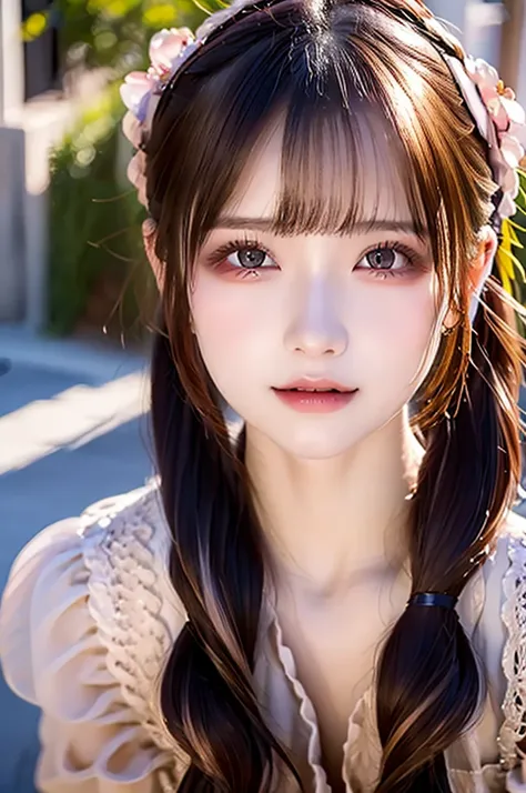 ((One Girl)), (Twin tails), Brown Hair, Great face and eyes, Pink Eyes, (Amazingly beautiful girl), Brown Hair, ((Highest quality)), (Very detailed), (Very detailed CG 統合 8k 壁紙), Very detailed, High resolution raw color photos, Professional photography, ((...