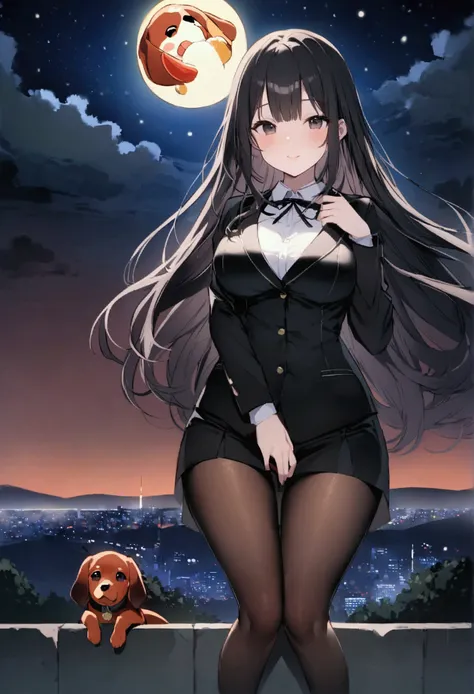 Dog 1、Woman 1、Red miniature dachshund、Red miniature dachshund long hair、dog&#39;color is red、woman with very long black hair、Busty women、Spectacular views、Night Scene、The view from the top of the hill、Full moon night sky、swirling starry sky、８K、Best Quality...