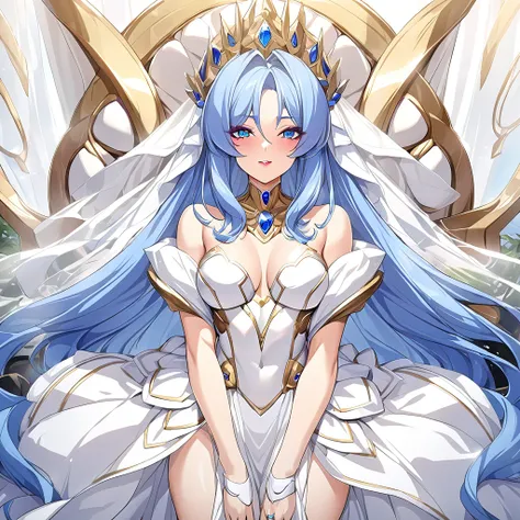 ((Highest quality)), ((masterpiece)), (detailed), （Perfect Face）、The woman was the beautiful Queen of the Gods, Extia, with medium-long blue hair. She was wearing a gorgeous white wedding dress with gold embroidery and trim, a white wedding veil, an engage...