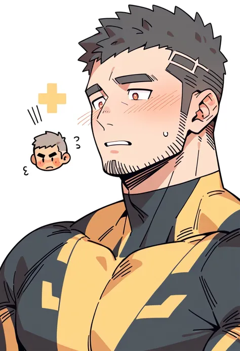 anime characters：Gyee Priapus, Muscle Sports Student, Buzz Cut, Manliness, male focus, Compression bodysuit, Yellow and black high collar long sleeve tight diving suit, Very tight, Regular symmetrical pattern, full and perky chest muscles, muscular male, m...