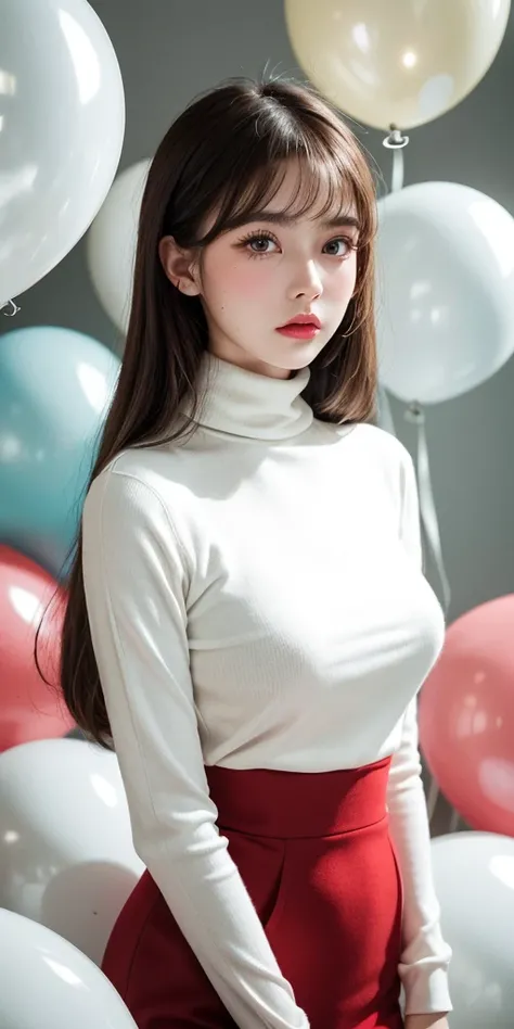 masterpiece, best quality, highly detailed background, perfect lightingbest quality,fashion portrait photo of beautiful young woman from the 60s wearing a red turtleneck standing in the middle of a ton of white balloons, taken on a hasselblad medium format...